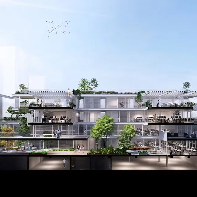 2025 Office Building Designed Metal Structure With Many Openings Sunshades Greenery Internal Square Lowered in Street Workspace